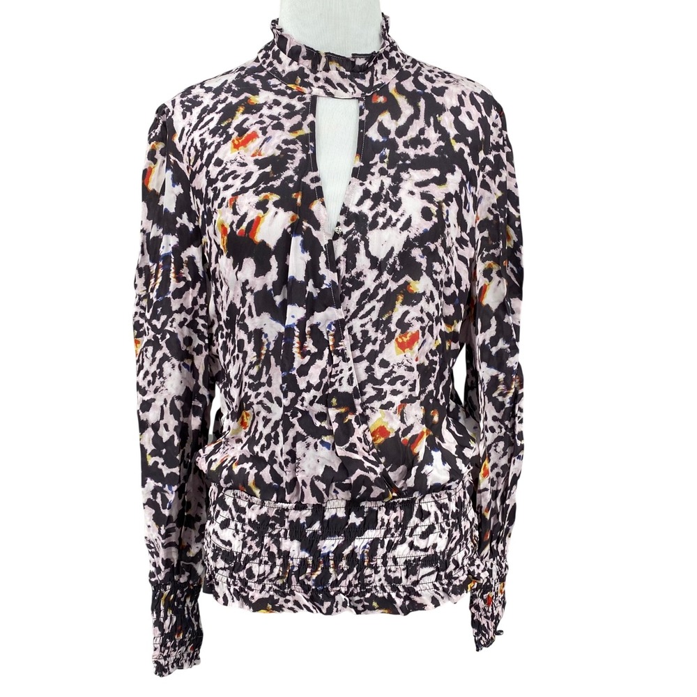 Parker New York Feline Print Silk Blend Mock Neck Keyhole Blouse XS‎ MSRP 248
